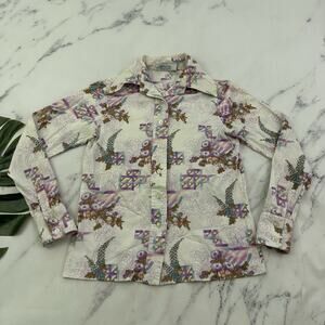 Sweet Potato Womens Vintage 80s Blouse Top Size M White Purple Floral Button Up